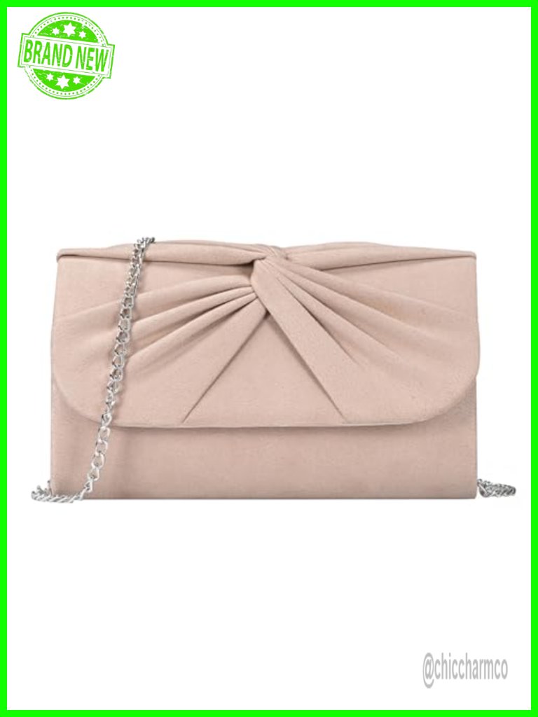 Faux Suede Pleated Bow Clutch Evening Bag With Shoulder Strap